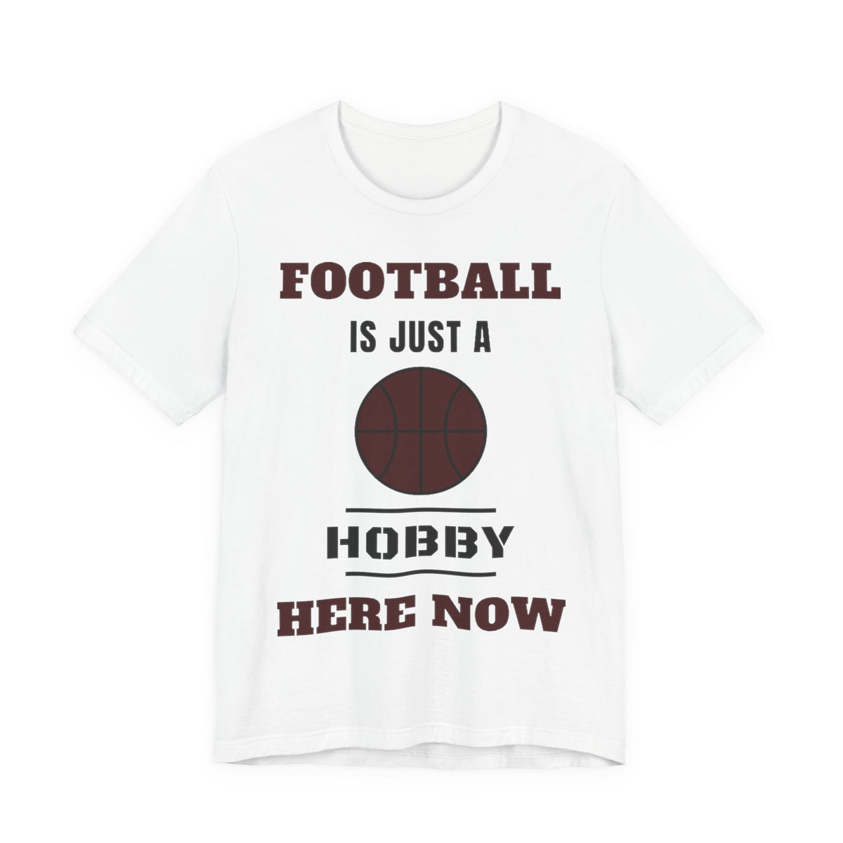 White crewneck tee with football text and basketball graphic