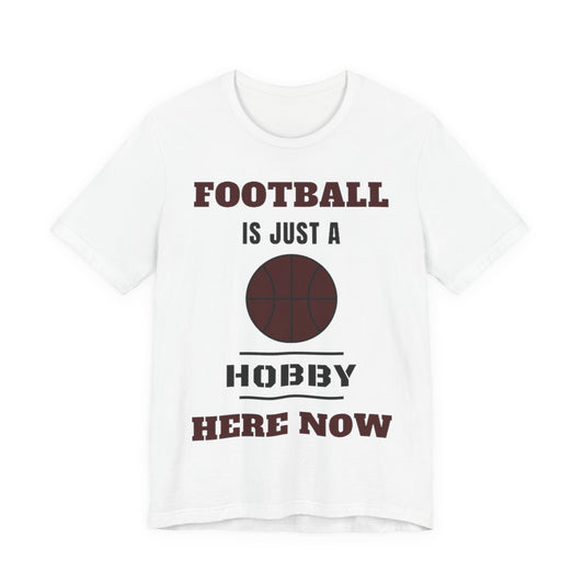 White crewneck tee with football text and basketball graphic