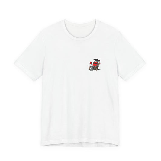 White T-shirt with small graduation mascot graphic on left chest