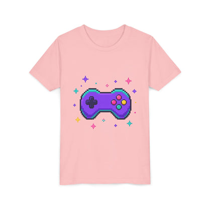 Kids T-shirt, pink short sleeves, pixel game controller graphic on front