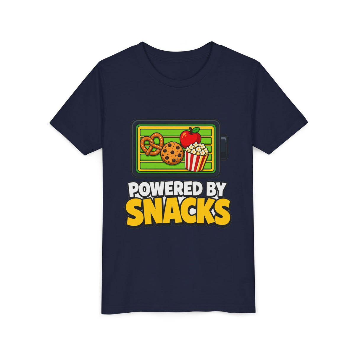 Navy kids T-shirt with snack-themed graphic and bold lettering on front