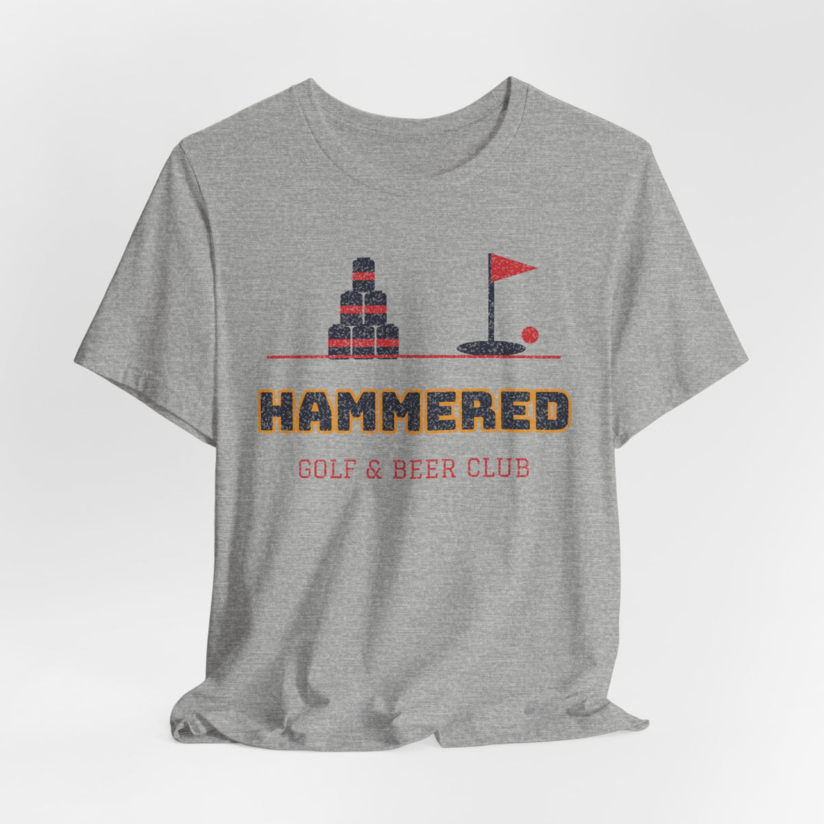 Gray heather crew-neck T-shirt with “Hammered” golf & beer club front graphic