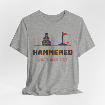 Gray heather crew-neck T-shirt with “Hammered” golf & beer club front graphic