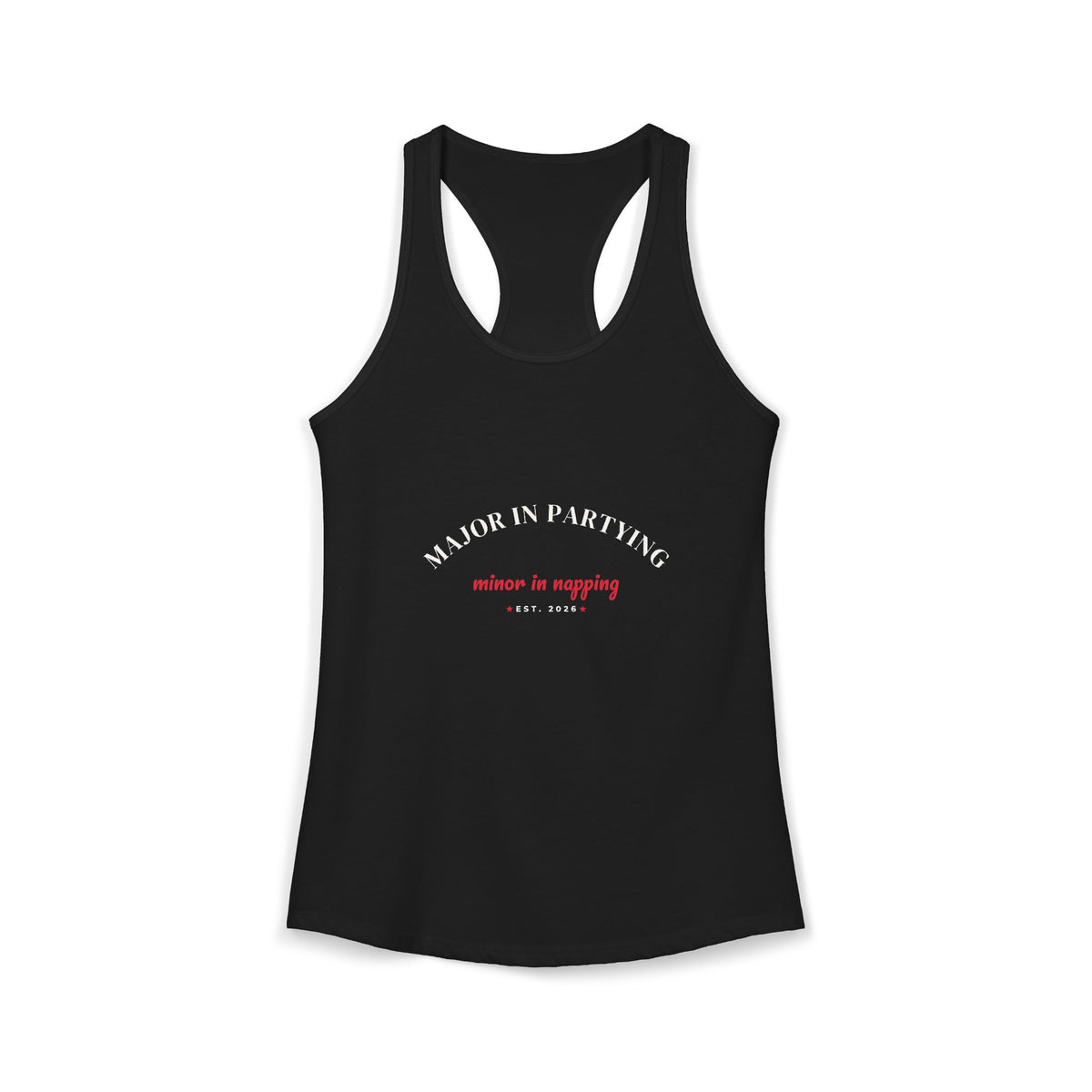 Black racerback tank with screenprint text on the front