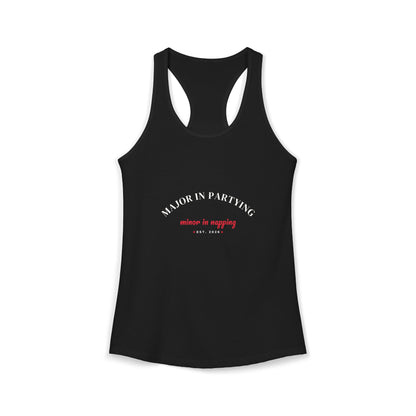 Black racerback tank with screenprint text on the front