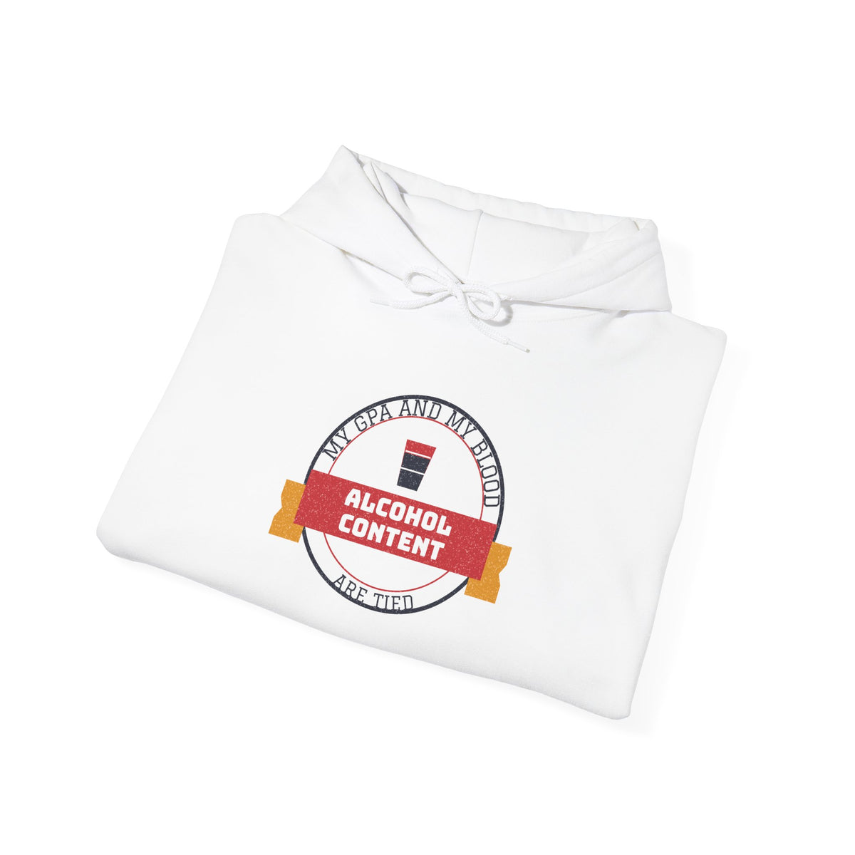 White hoodie with front circular graphic, drawstring hood and kangaroo pocket