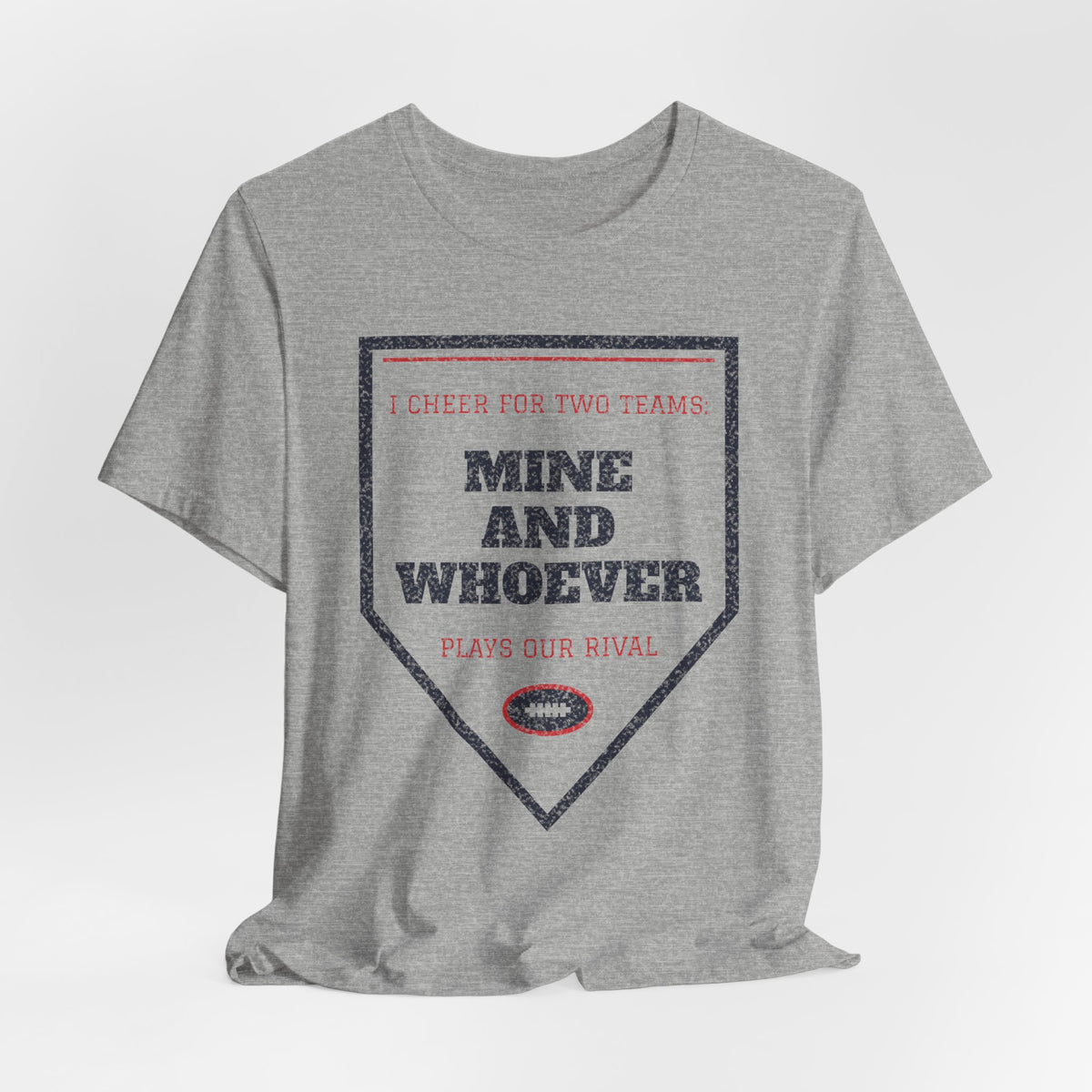 Gray heather crew-neck t-shirt with Mine and Whoever plays our rival design