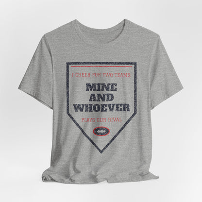 Gray heather crew-neck t-shirt with Mine and Whoever plays our rival design