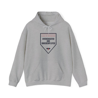 Gray pullover hoodie with front pocket, drawstring hood, and graduation-style graphic