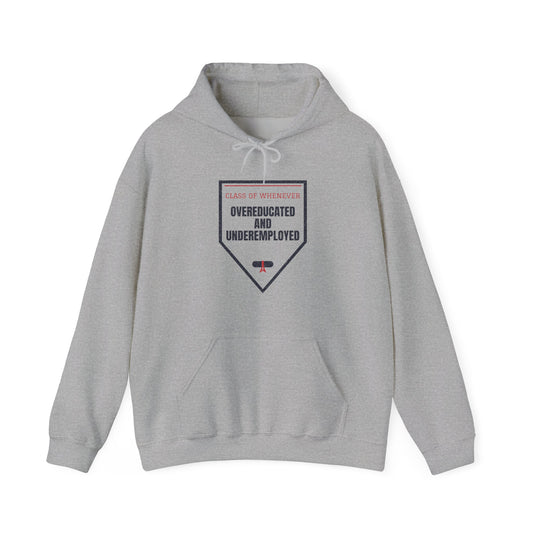 Gray pullover hoodie with front pocket, drawstring hood, and graduation-style graphic