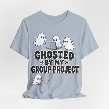 Light blue crewneck T-shirt with three ghost characters and 'GHOSTED BY MY GROUP PROJECT' text