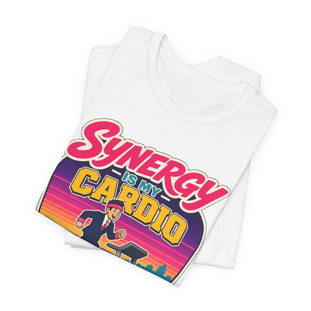 White crewneck T-shirt with large “cardio” treadmill workout graphic print