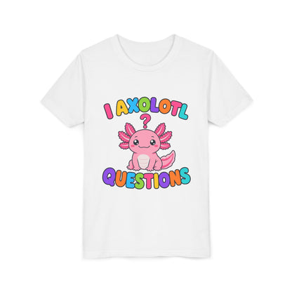 Kids white T-shirt front with colorful axolotl 'Questions' graphic