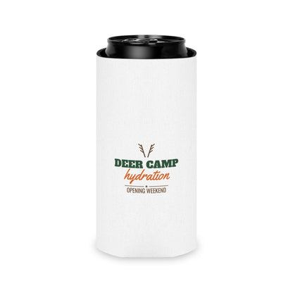 White hydration koozie with black rim top and deer camp hydration opening weekend text