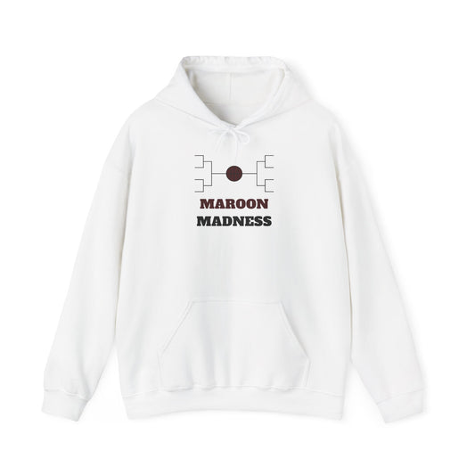 White hoodie with front pouch pocket, drawstring hood, and maroon bracket logo