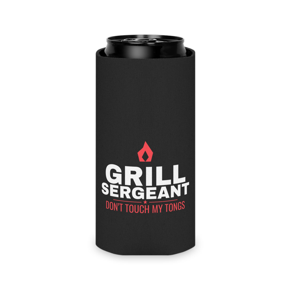 Black koozie holding a dark can; red flame logo with 'GRILL SERGEANT'