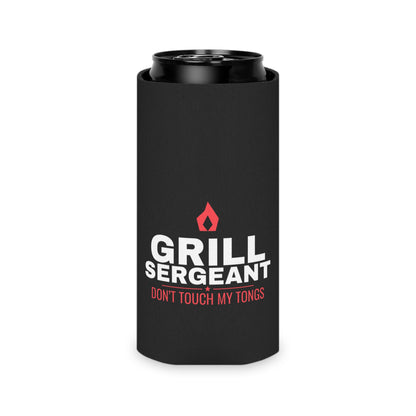 Black koozie holding a dark can; red flame logo with 'GRILL SERGEANT'