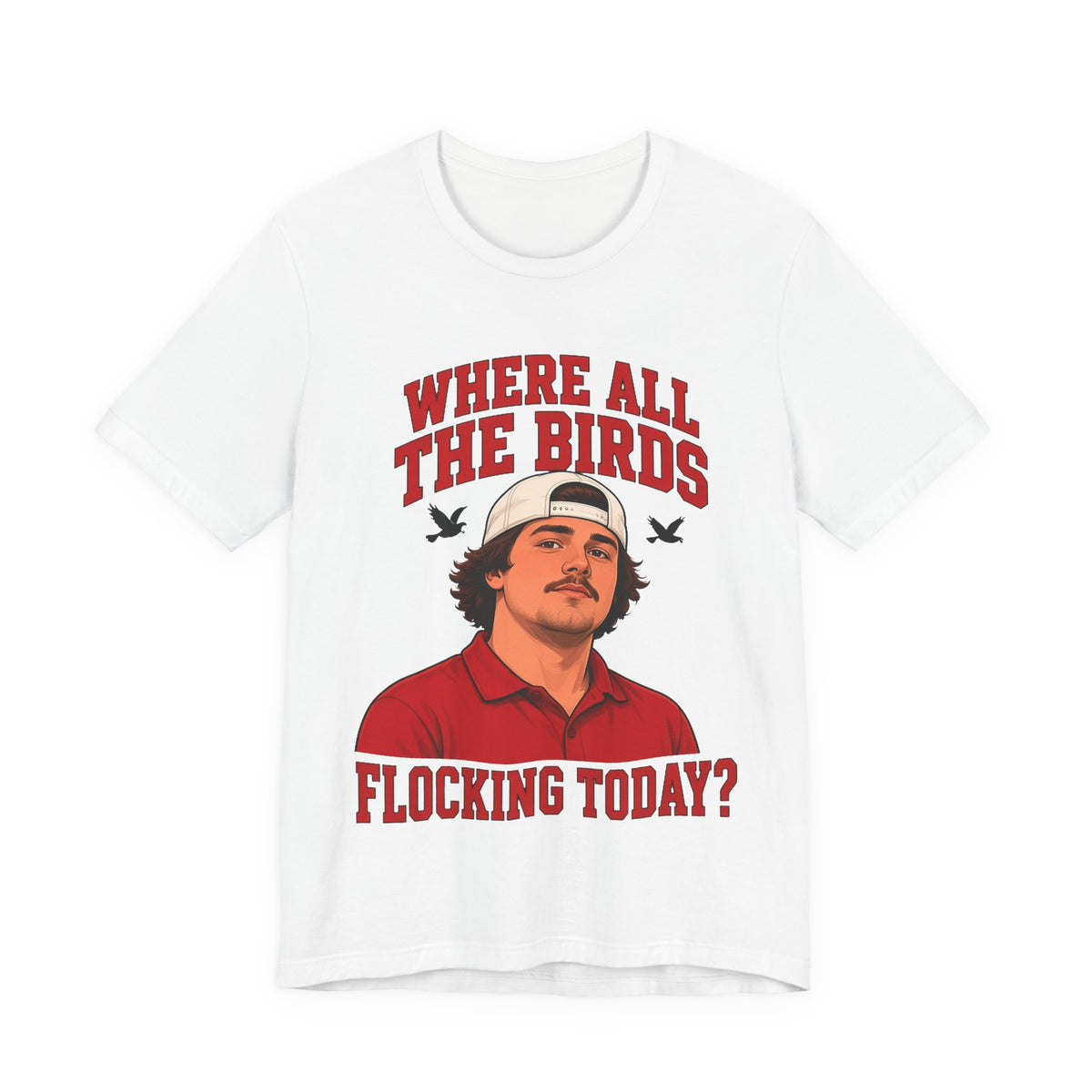 White graphic crewneck tee with illustrated man and red 'WHERE ALL THE BIRDS' text.