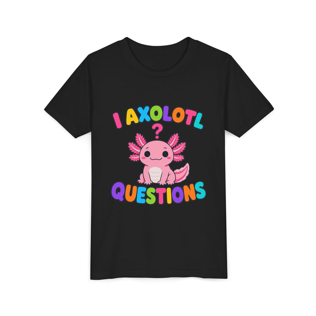 Kids black T-shirt front with colorful axolotl 'Questions' graphic