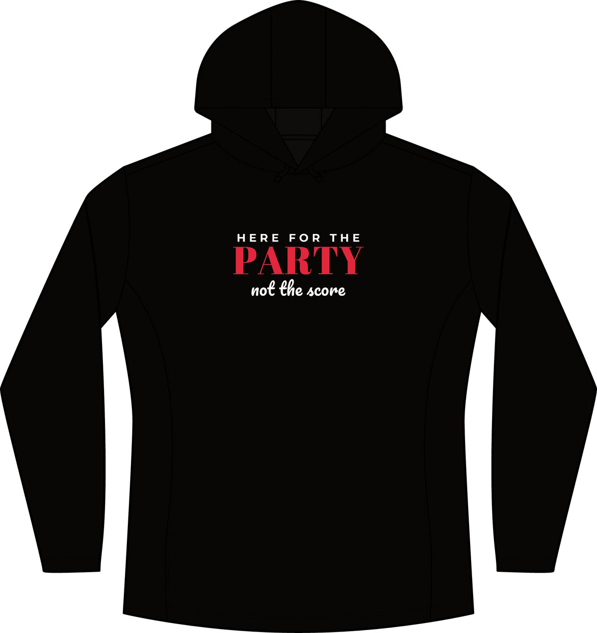 Women's black heather hoodie, front 'PARTY' graphic, kangaroo pocket.