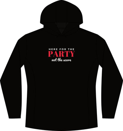 Women's black heather hoodie, front 'PARTY' graphic, kangaroo pocket.