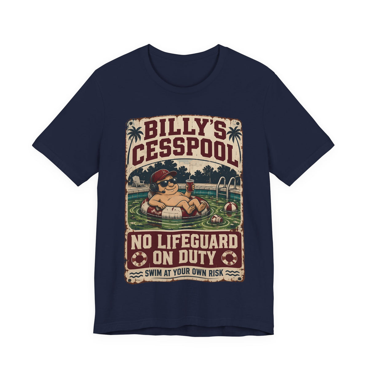 Navy T-shirt with Billy's Cesspool lifeguard graphic on front