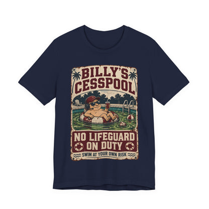 Navy T-shirt with Billy's Cesspool lifeguard graphic on front