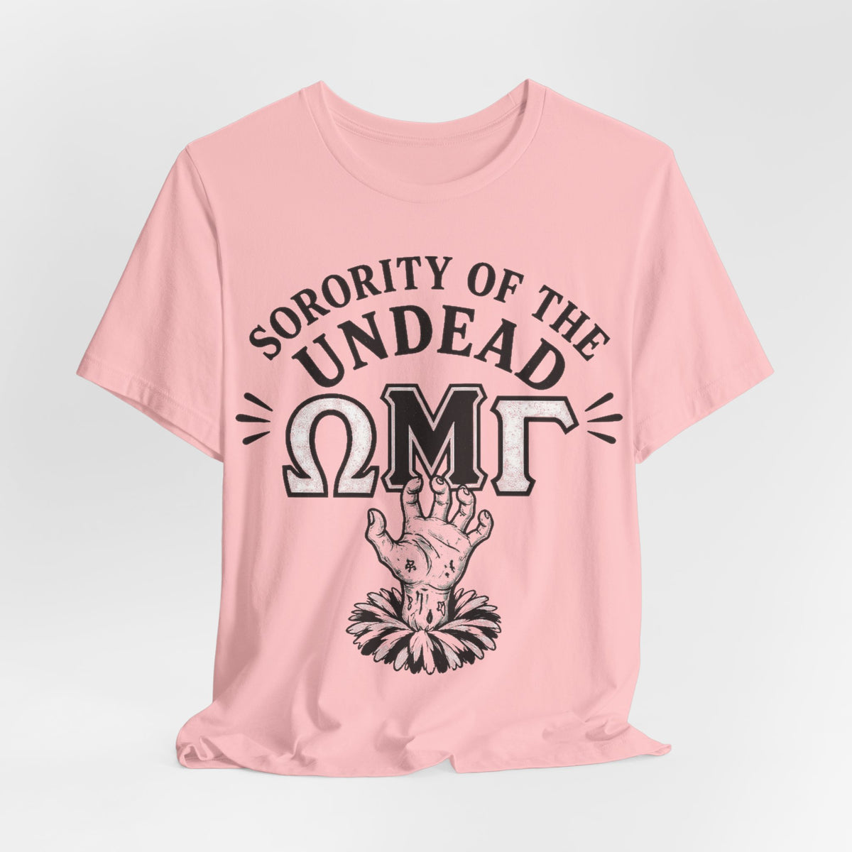 Pink crewneck tee with Sorority of the Undead EMT front graphic and hand art