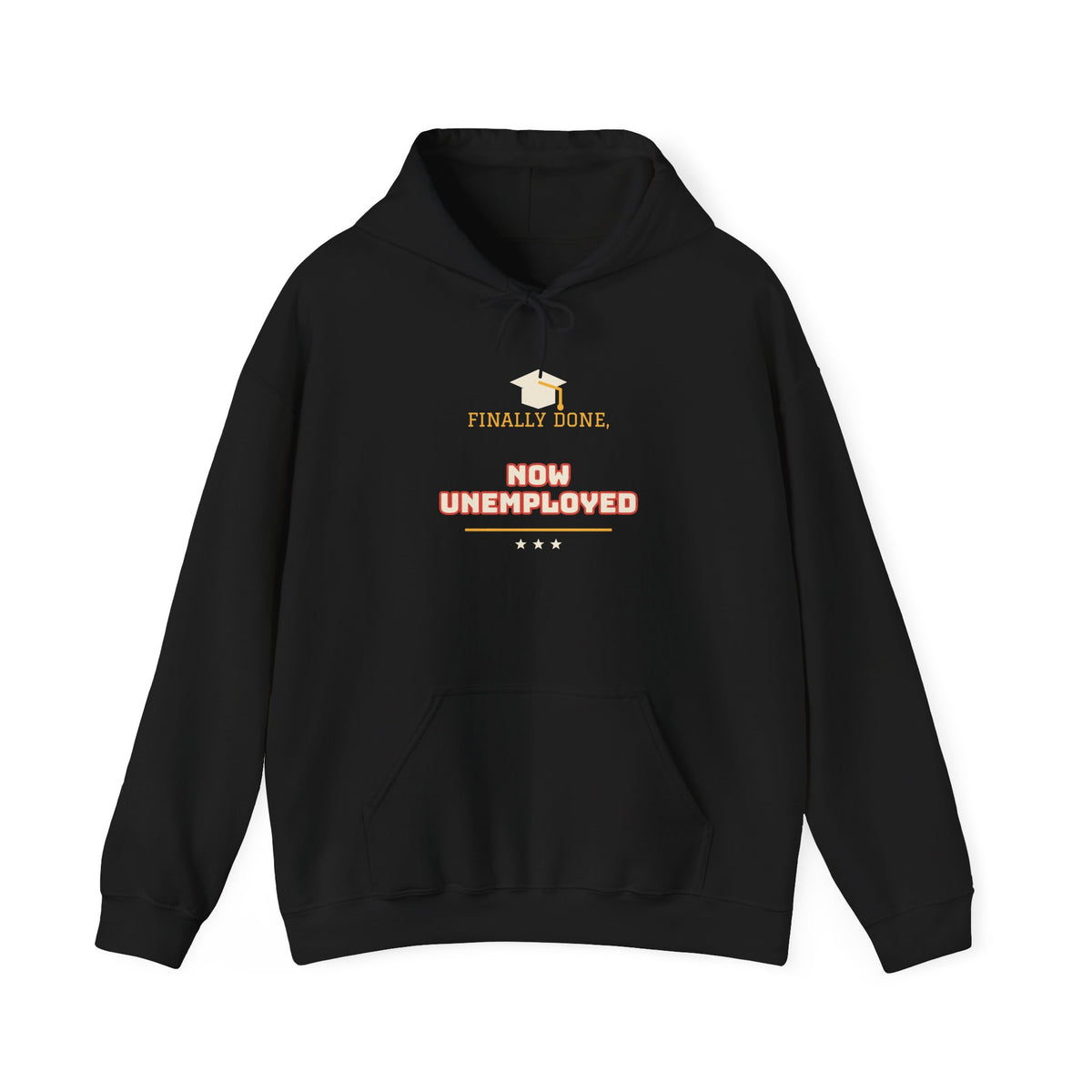 Black pullover hoodie with graduation graphic and slogan, front pocket, drawstring hood.