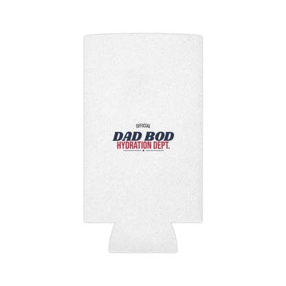 White can cooler koozie with small 'Official Dad Bod Hydration Dept.' print