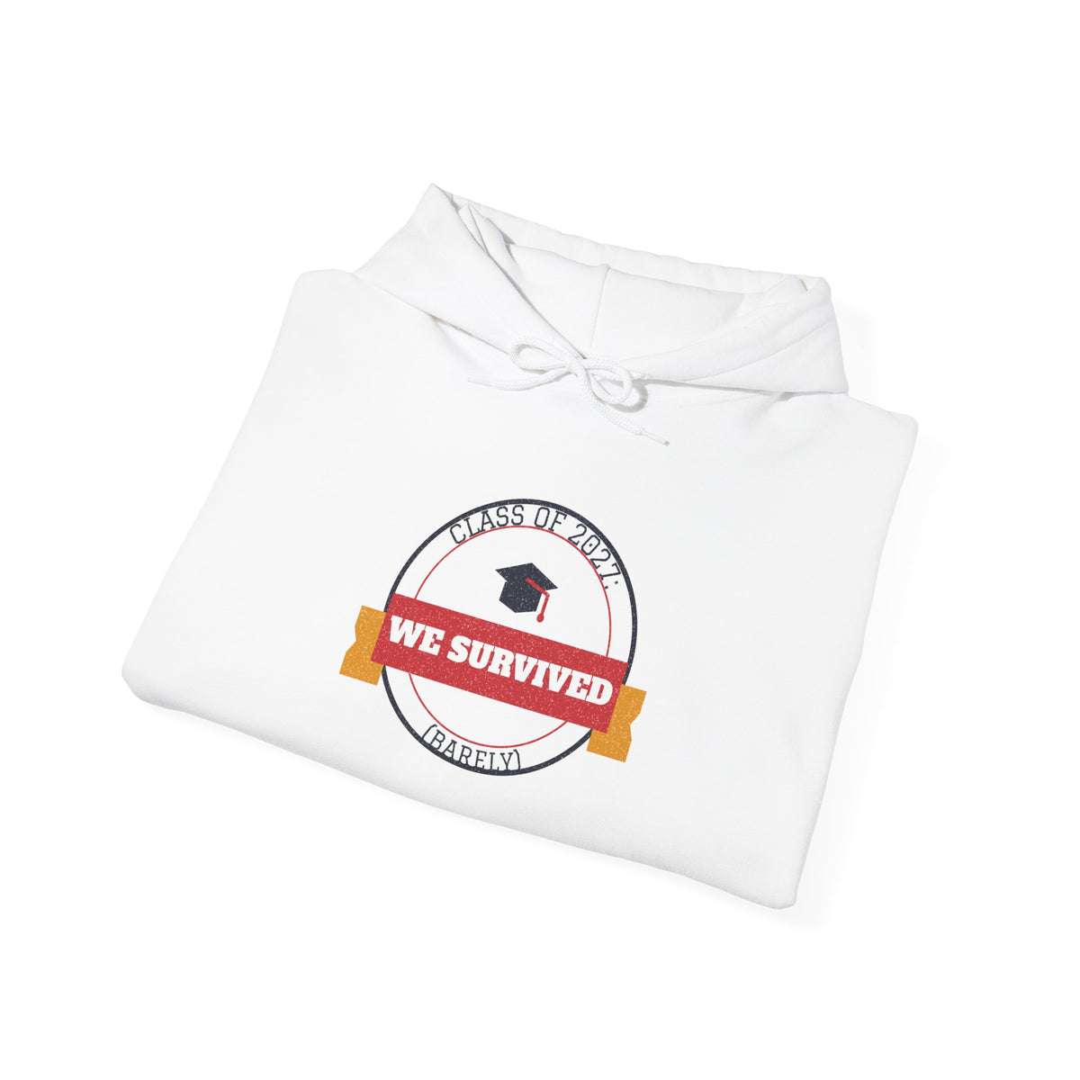 White pullover hoodie with front graphic and drawstring hood