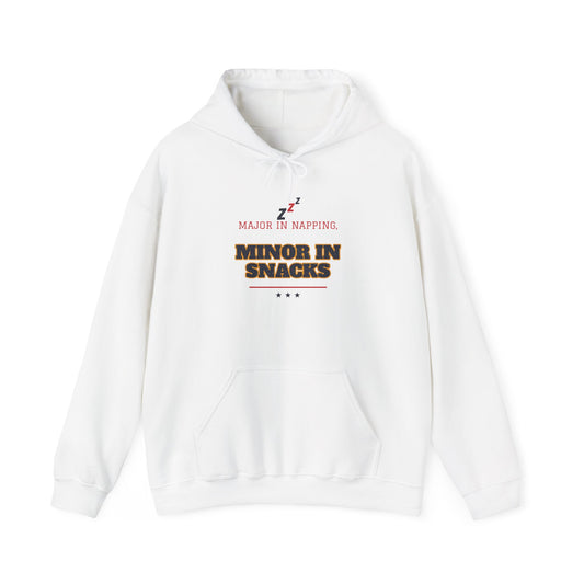 White pullover hoodie with front graphic text and drawstring hood