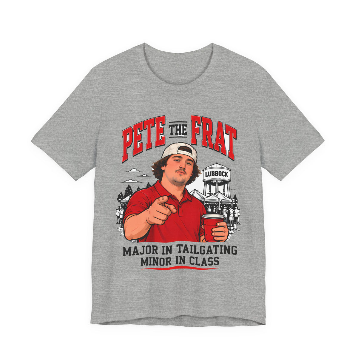 Heather gray crew-neck T-shirt with front graphic of pointing man and red PETE THE FRAT text