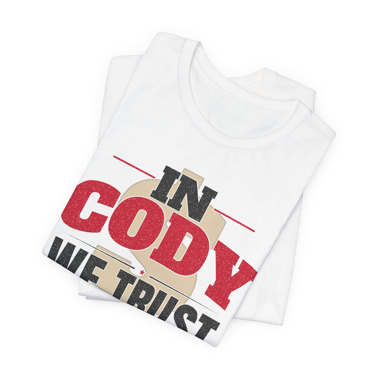 White graphic T-shirt set, stacked view, with 'IN CODY' and 'WE TRUST' chest print