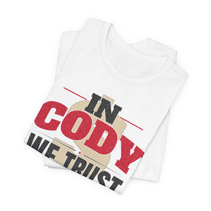 White graphic T-shirt set, stacked view, with 'IN CODY' and 'WE TRUST' chest print
