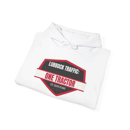 White hoodie folded stack with front pocket and “ONE TRACTOR” chest graphic