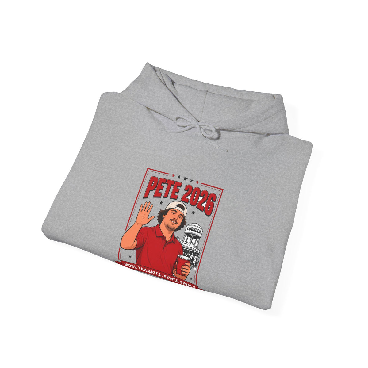 Sport grey hoodie, folded flat, with drawstring and chest graphic patch