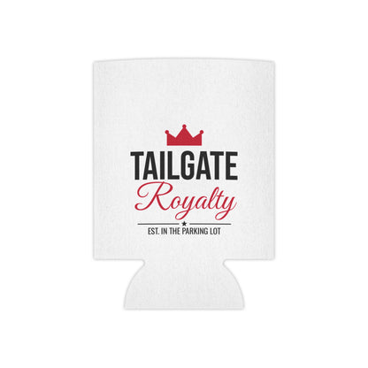 White fabric koozie with red crown logo and 'Tailgate Royalty' text