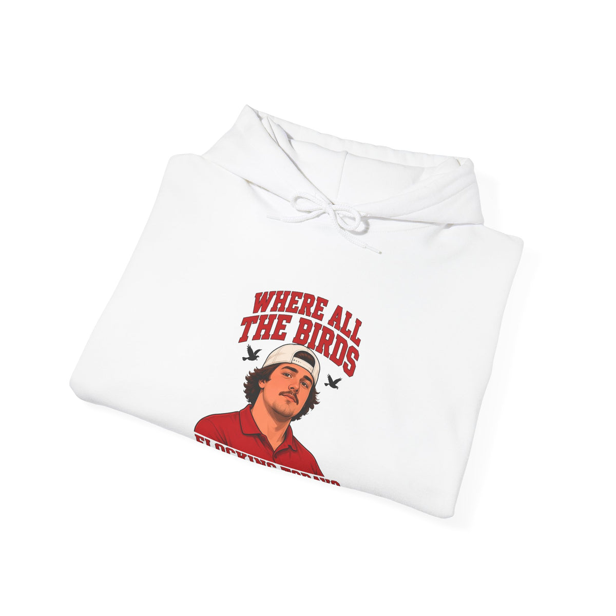 White folded graphic hoodie with hood drawstrings and bird slogan print