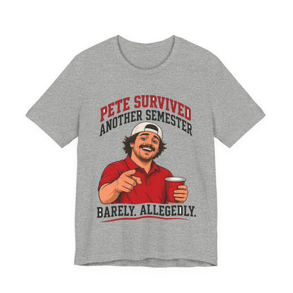 Heather gray crewneck graphic T-shirt with red character holding a drink, short sleeves.