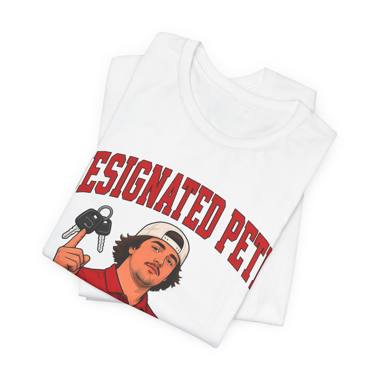 White crew-neck graphic T-shirt set with red and black character print