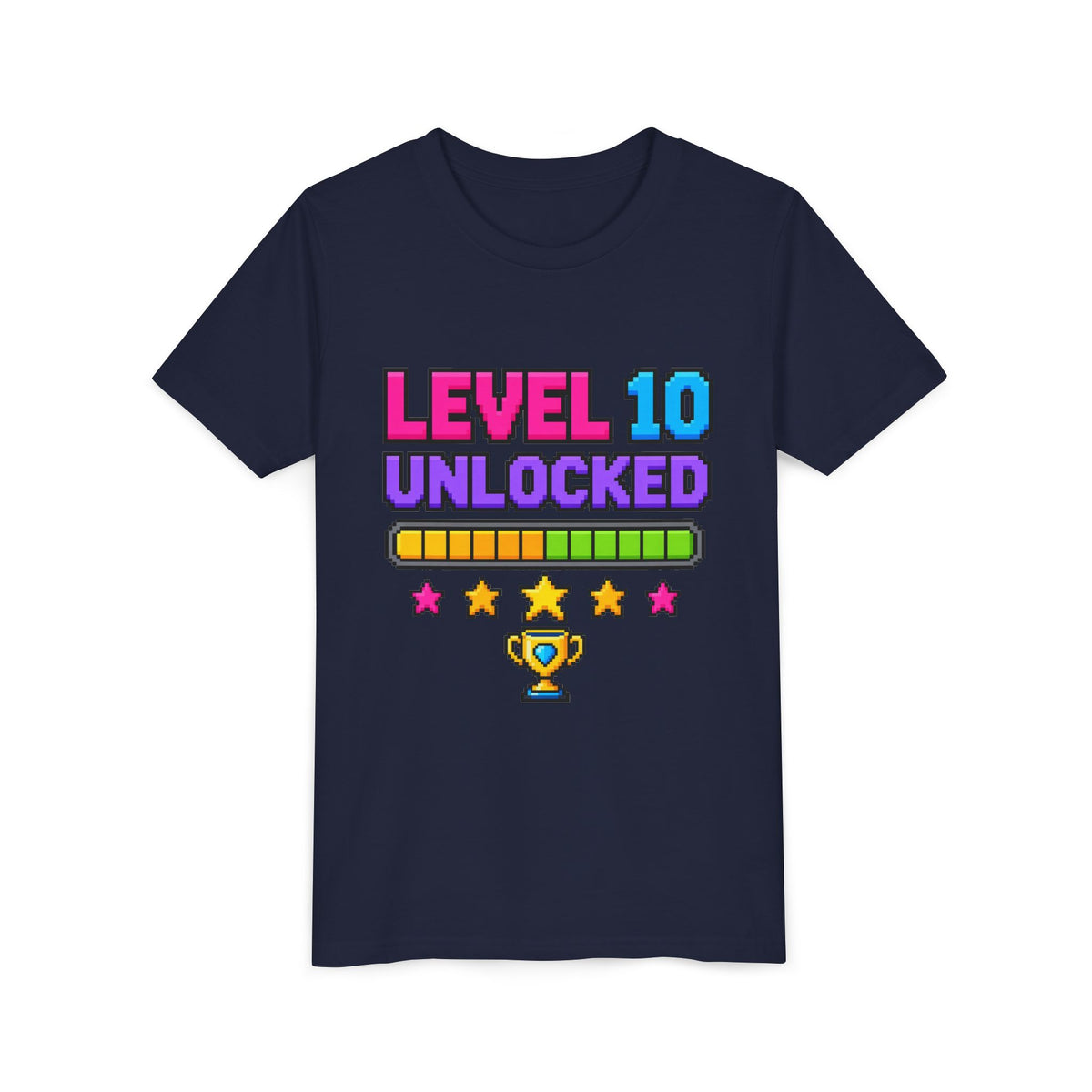 Kids navy graphic tee with colorful “Level 10 Unlocked” trophy print