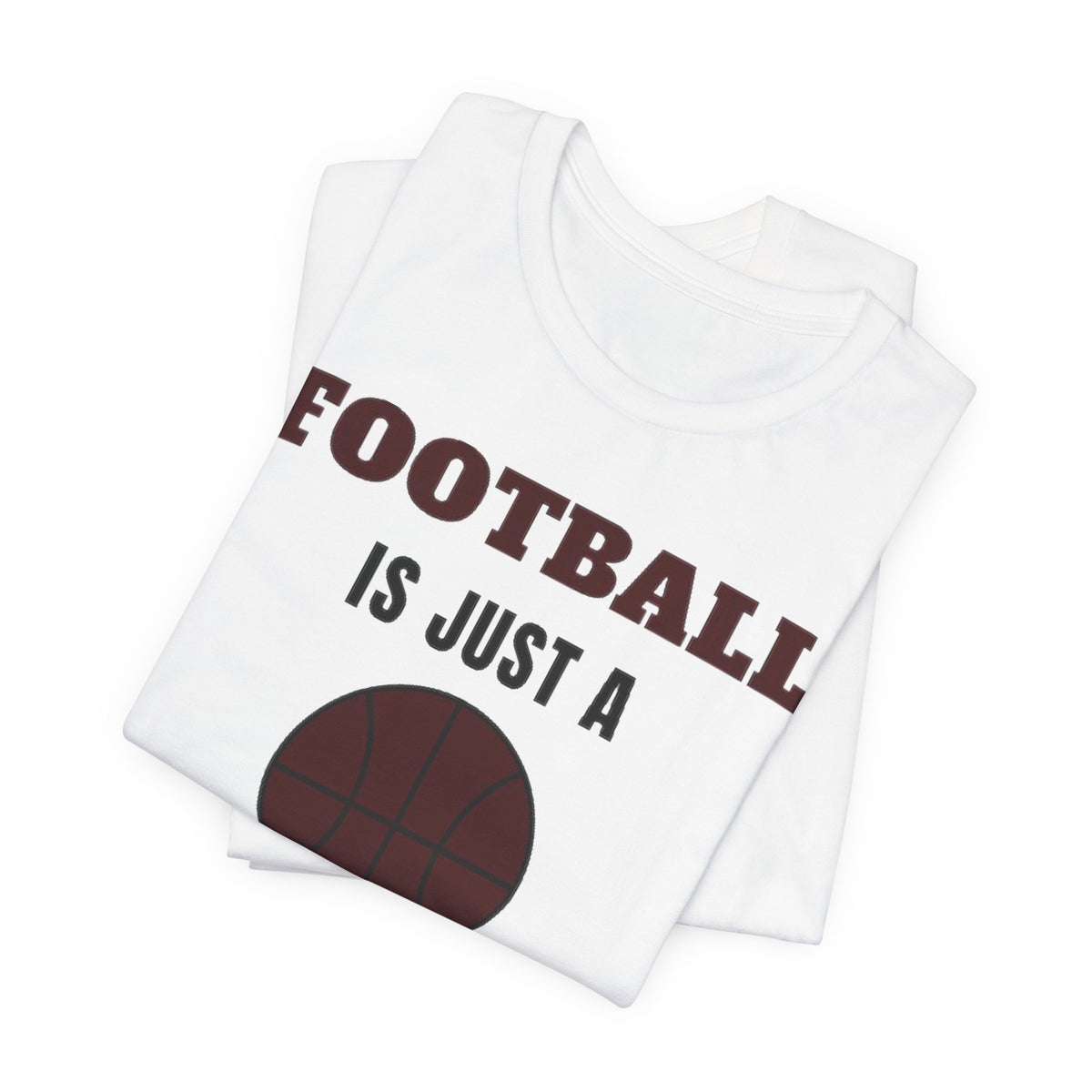 White crewneck tee stack showing football text and basketball graphic