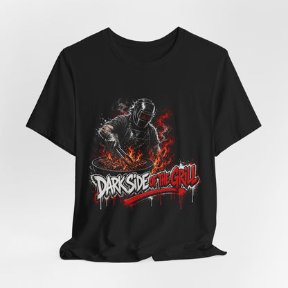 Black crewneck T-shirt with centered grill-themed graphic and red flame accents