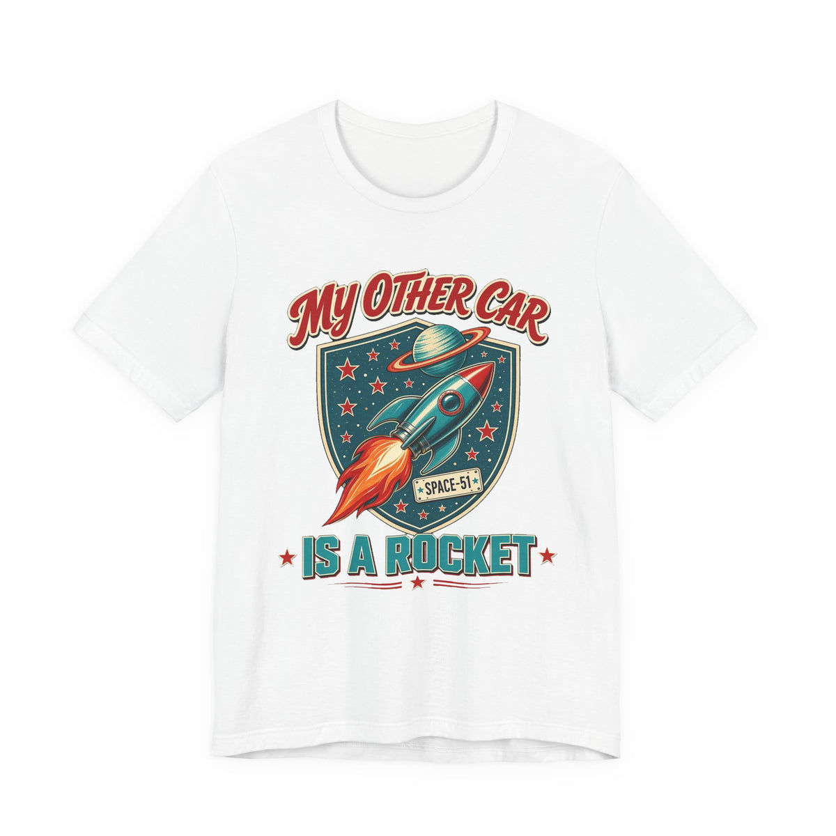 White crewneck t-shirt with colorful rocket graphic on the front
