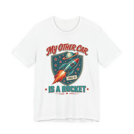 White crewneck t-shirt with colorful rocket graphic on the front
