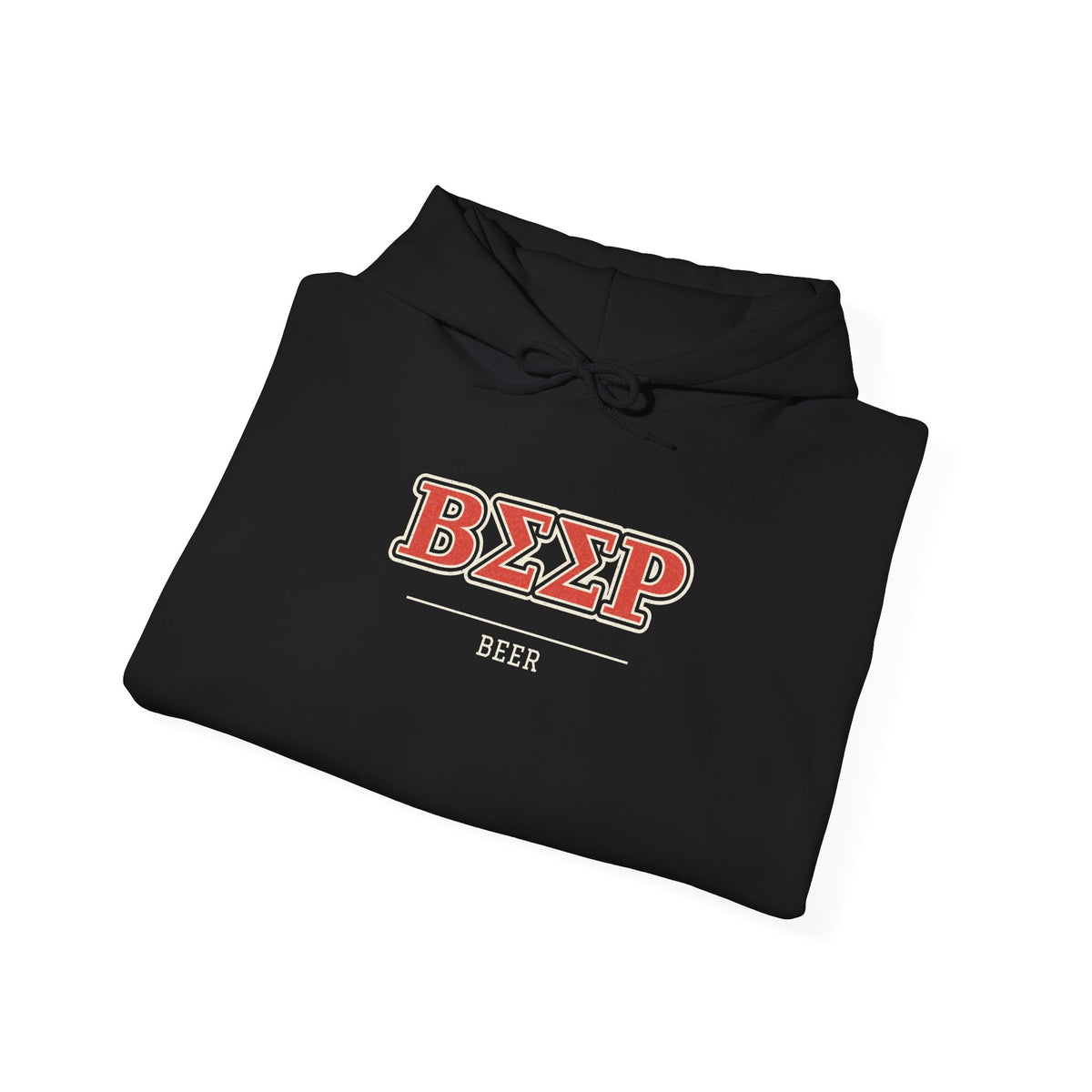 Black pullover hoodie with front logo print, drawstring hood, and long sleeves