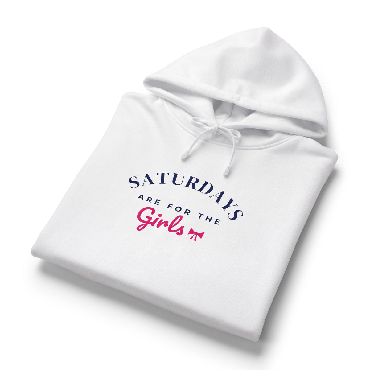 White women's hoodie with front logo graphic and drawstring hood