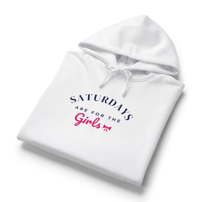 White women's hoodie with front logo graphic and drawstring hood