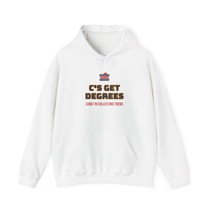 White pullover hoodie with front graduation-themed graphic, hood, and kangaroo pocket